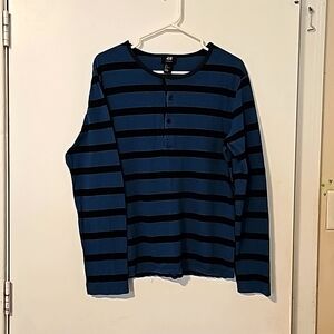 GUC H&M Mens Black and Blue Stiped Longsleeve Tee